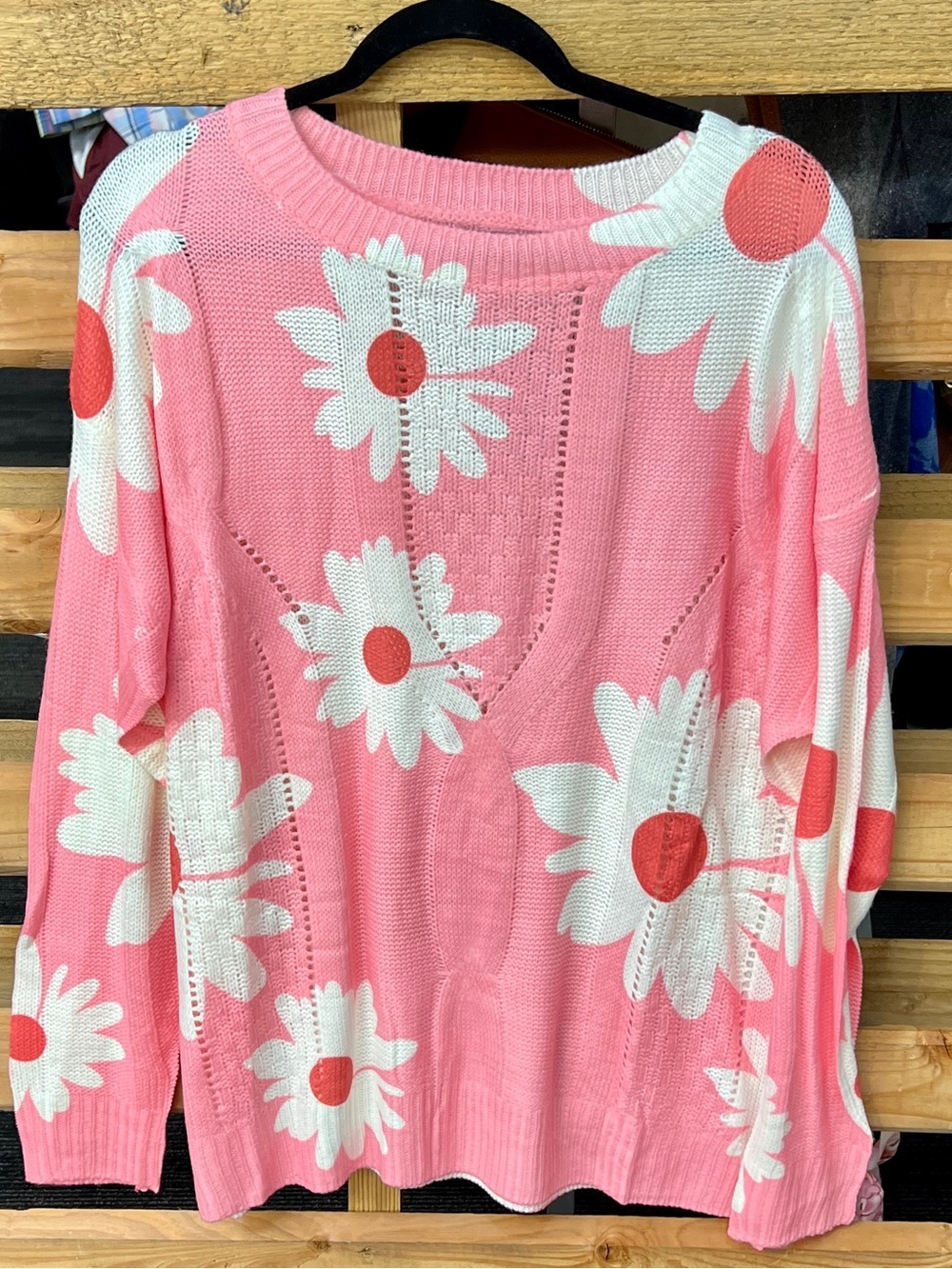 Women's Pink Daisy Print Crewneck Sweater